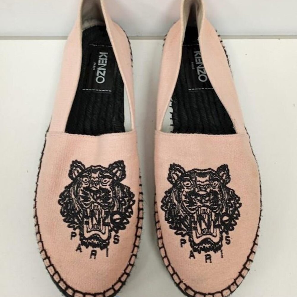 Kenzo Paris Embroidered Tiger Blush Pink & Black Espadrille Flat Shoes, Size 9